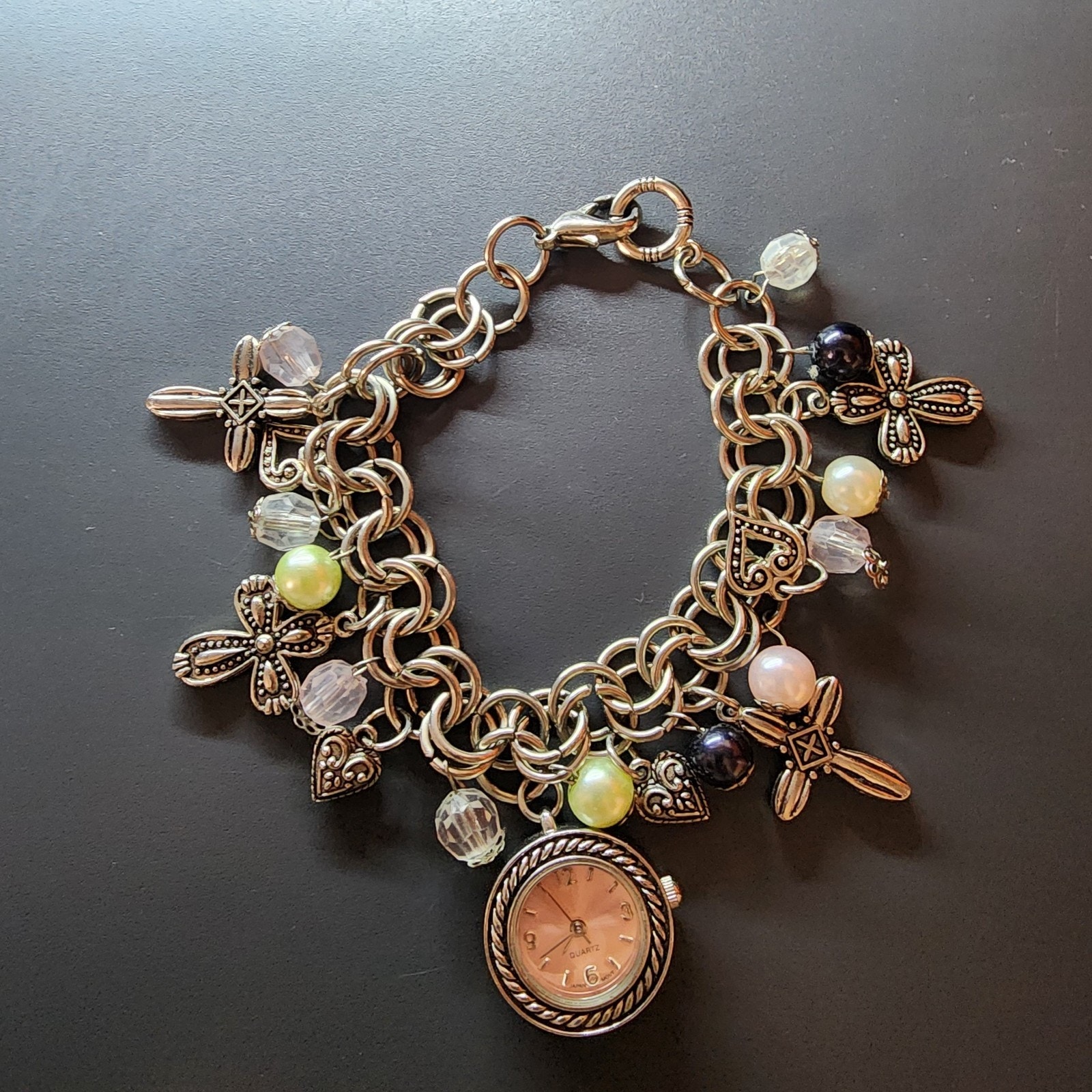 Silver Tone Charm Bangle Bracelet Quartz Watch Pink Face Cross Hearts Beads 8.5